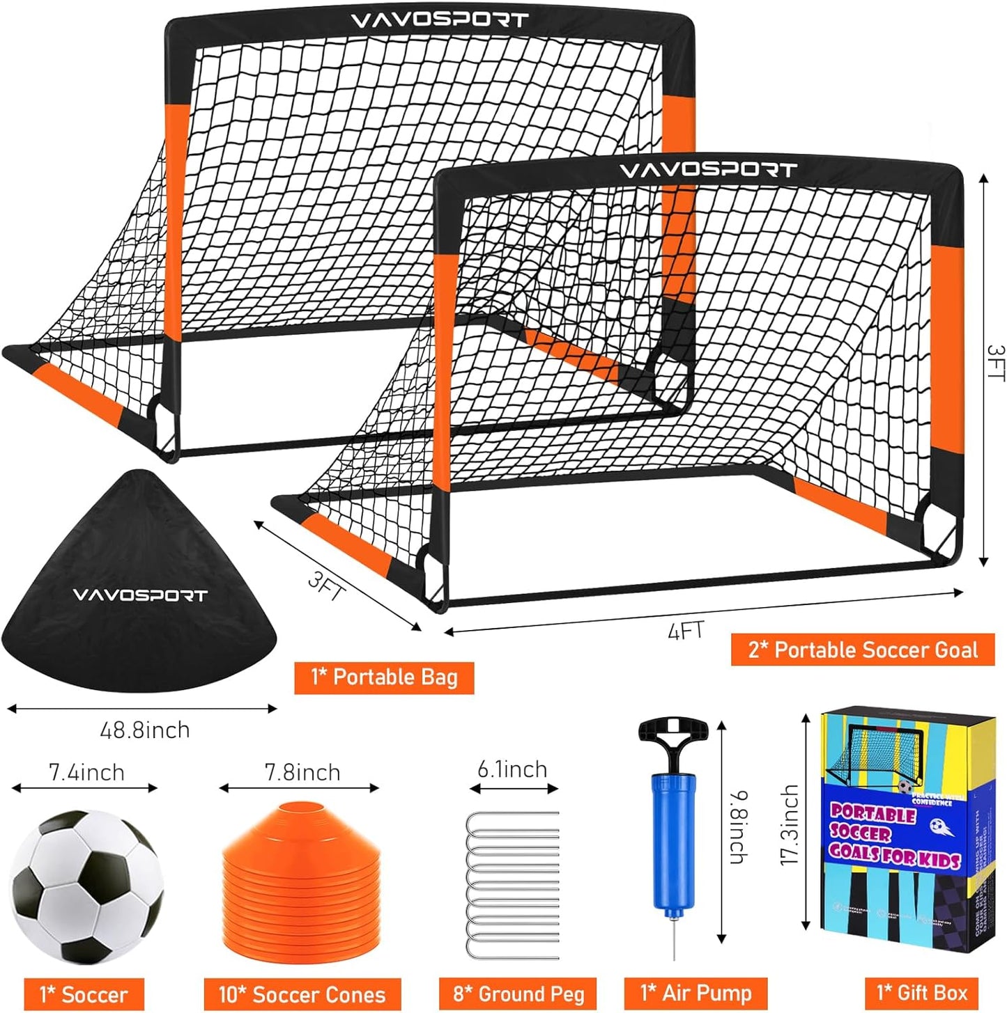VAVOSPORT Kids Soccer Goals - Portable Mini Soccer Nets Set for Backyard Play | 4x3 & 6x4 ft, Ages 3-14