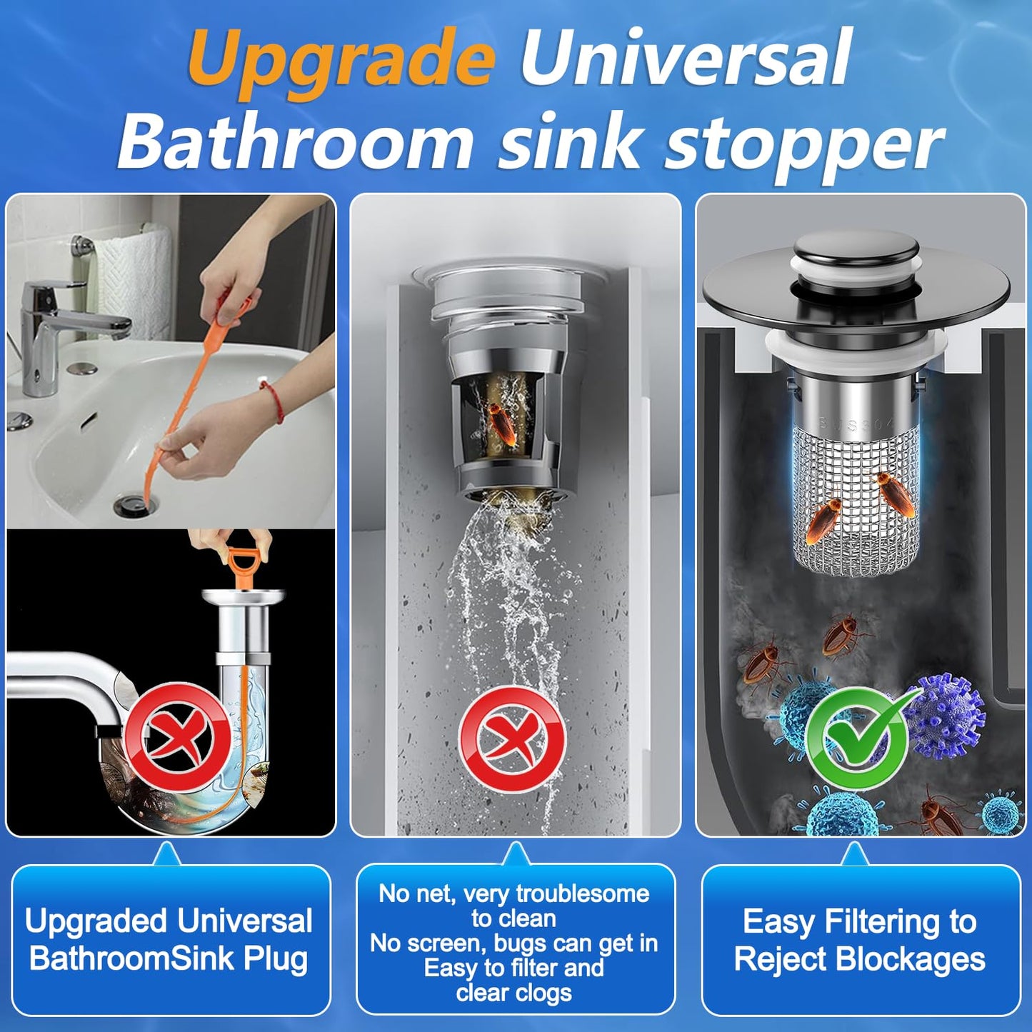 Sink Stopper Hair Catcher, Pop-up Sink Drain Strainer with Removable Stainless Steel Strainer Basket Hair Catcher, Bathroom Sink Strainer for Bathroom Sink Stopper Replacement