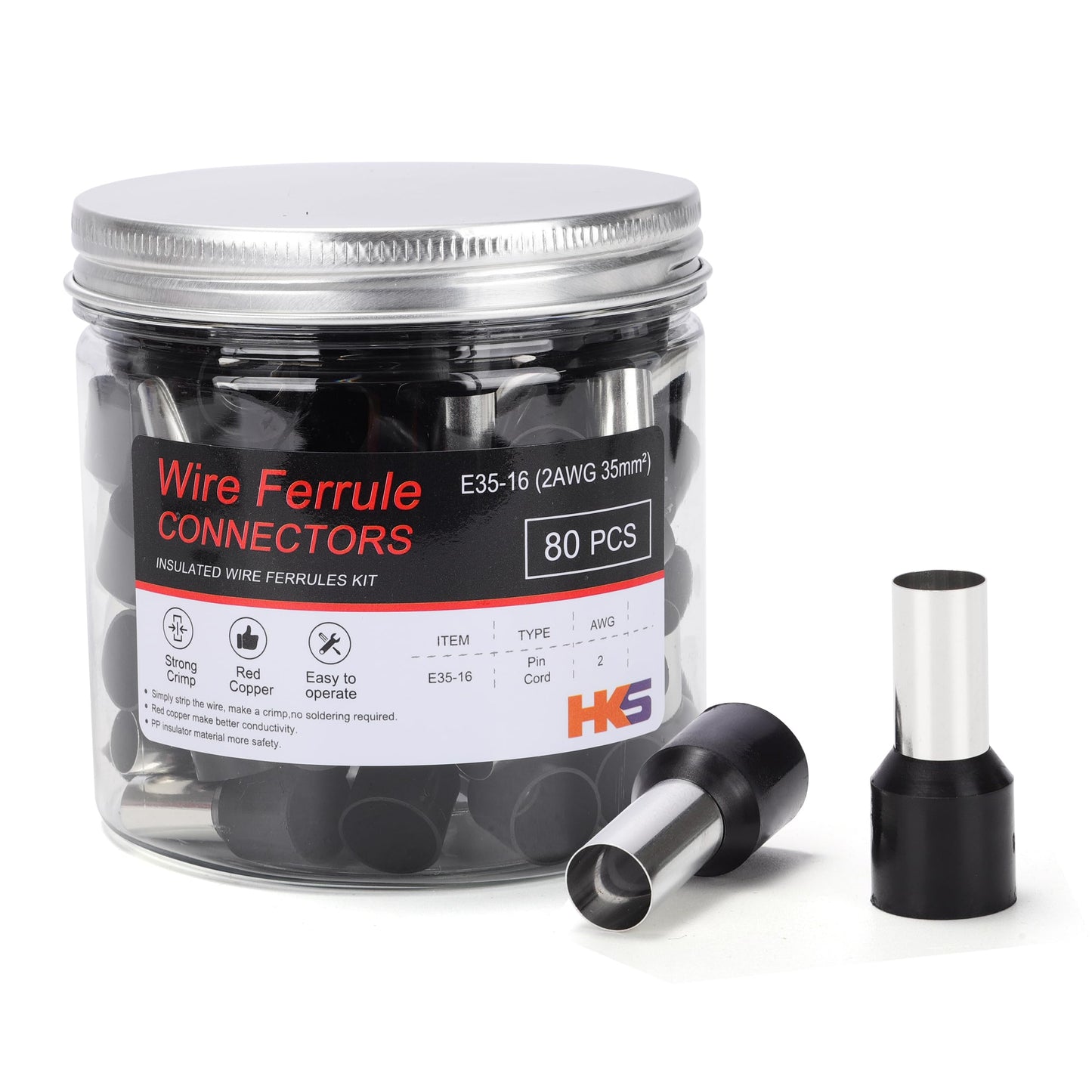 HKS 80PCS Wire Ferrules Connectors - AWG2-35.0mm² Copper Barrel Pin Cord Ends Insulated Ferrule Terminals for Wiring Electrical Crimp E35-16 Black