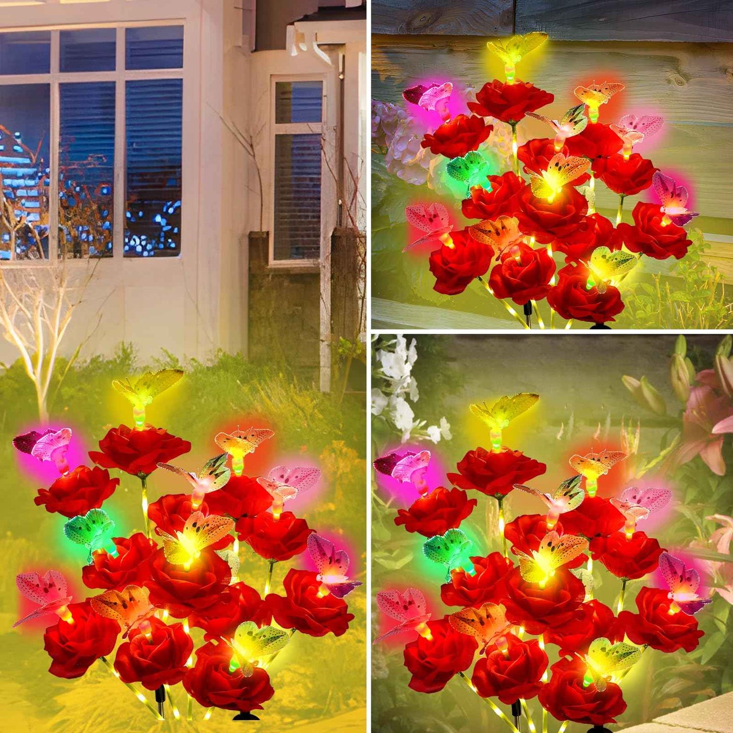 Solar Butterfly Rose Garden Lights Outdoor Waterproof Decorative Flower Garden Decor Yard Patio Lawn Outdoor, Gifts for Mother's Day3 Pack Gifts for Women (Butterfly Rose)