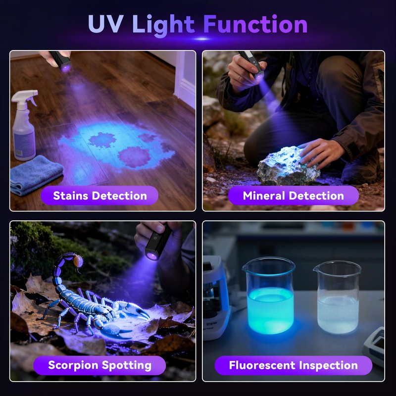 365nm UV Flashlight, EDC Rechargeable Flashlight with Black Light, Green Laser Pointer, Side Lights, 3 in 1 Mini Portable for Pet Urine Detection, Stains Detection, Cure Resin, Scorpion Detector 2Pack