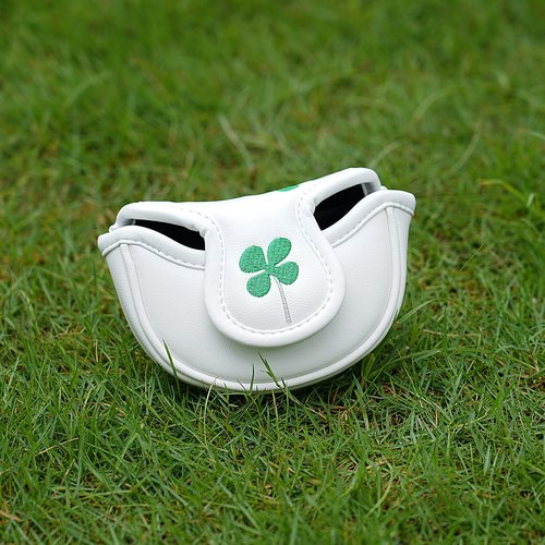 Half Mallet Putter Cover Headcover PU Leather Mid Mallet Putter Cover Magnetic, Clover Golf Putter Covers, Premium White Golf Club Covers for Men or Women