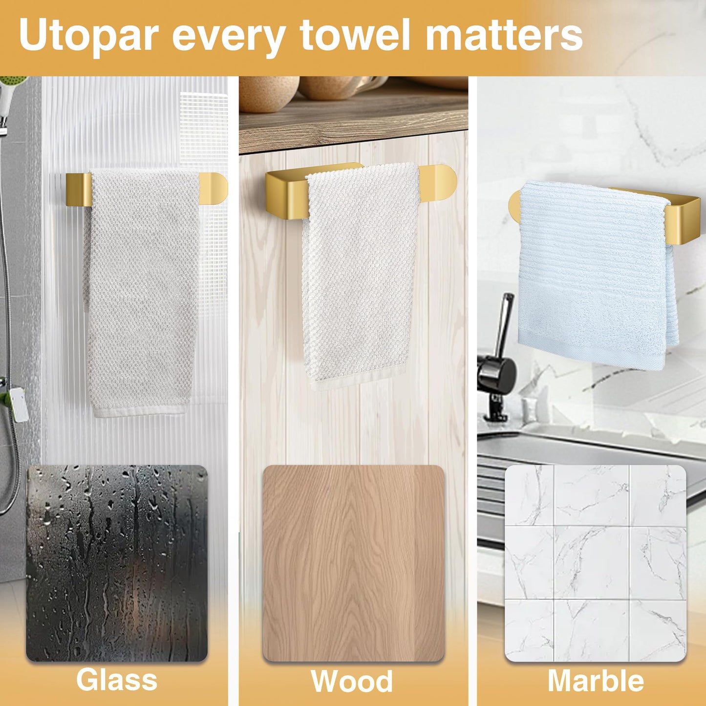 8 Inch Hand Towel Holder, Self Adhesive Towel Bar for Bathroom, Rustproof Aluminum U-Shape Towel Rack Stick on Wall, Brushed Gold