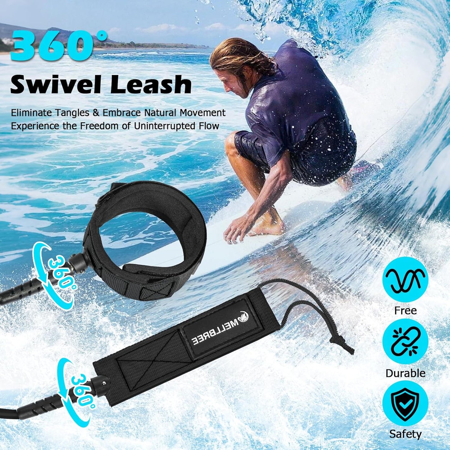Mellbree Surfboard Leash - Premium Double-Sided Rotatable Wrist Strap for Paddleboards & Longboards