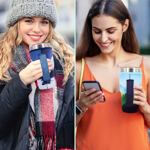 Reusable Iced Coffee Cup Sleeve Neoprene Insulated Sleeves Cup Holder with handle Idea for 30oz - 32oz Tumbler Cups, Protein Shake Bottles(Only Cup Sleeves)(Bright Floral)