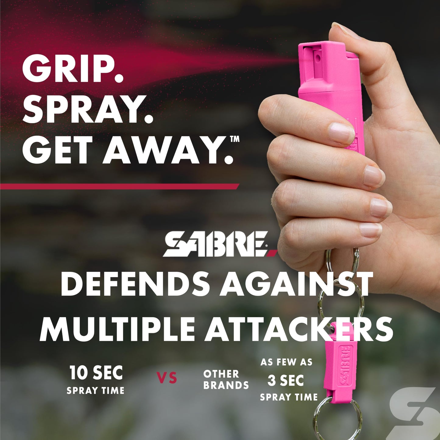 SABRE 3‑in‑1 Defense Pepper Spray with Tear Gas & UV Marking Dye - Twist-Lock Safety, Quick-Release Keychain, Maximum Strength OC for Self Defense, 14-ft Range, 10 Second Spray Time, 0.54 fl oz