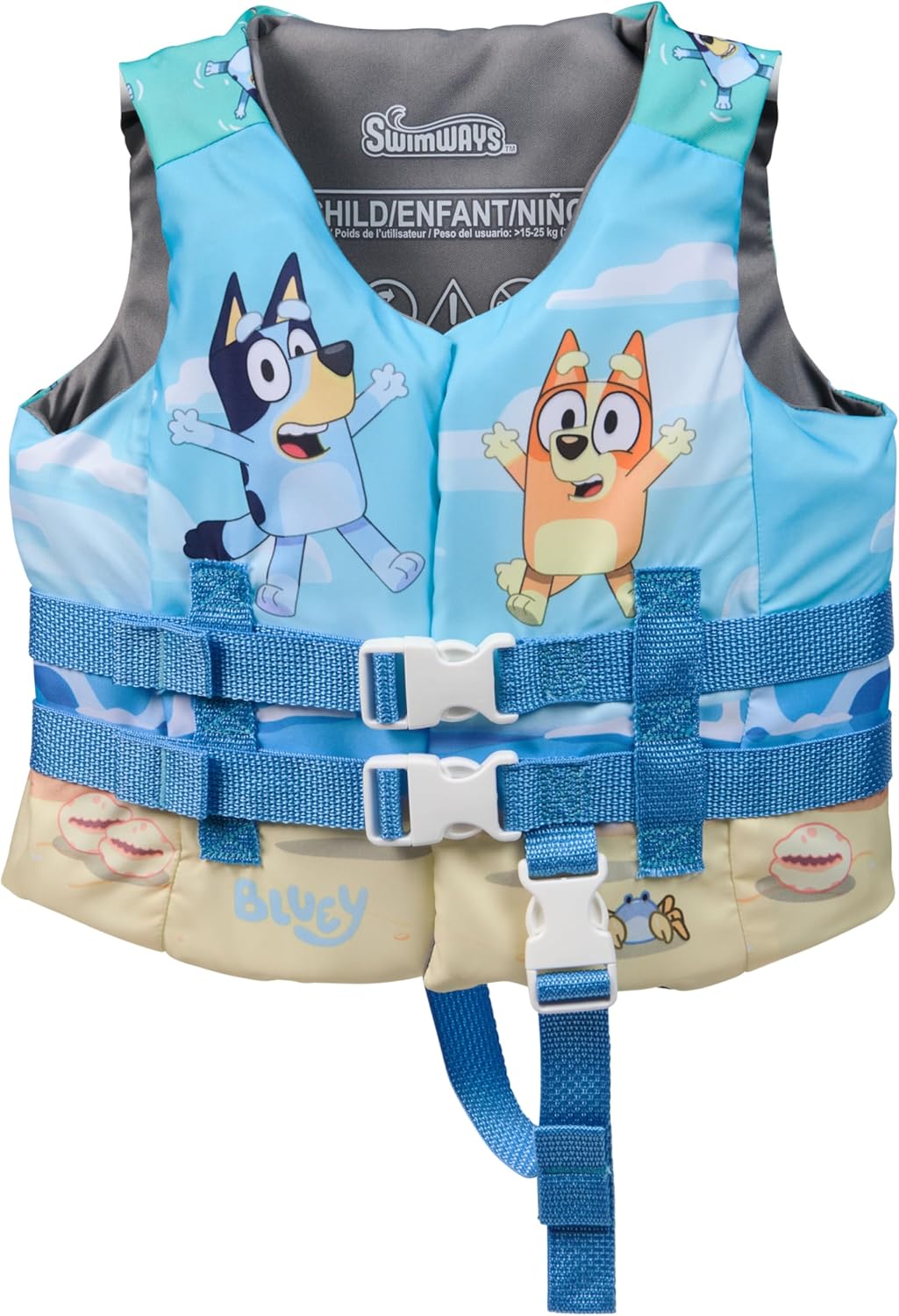 SwimWays Bluey Life Jacket - US Coast Guard Approved Kids Swim Vest for 33-55 lbs | Fun Bluey Design