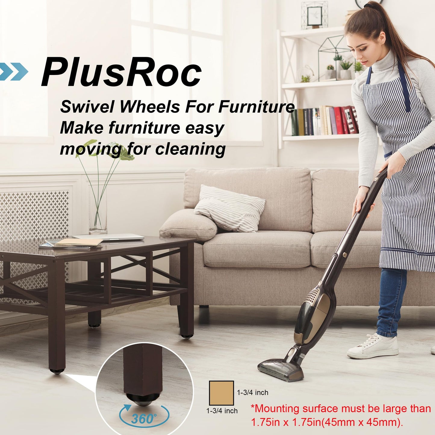 PlusRoc 8 Pack Anti-Rust Wheels Stainless Steel Self Adhesive Caster Wheels for Mop Bucket, Kitchen Appliance Rollers Sliders, Load Capacity 28LBS Per Wheel for Furniture