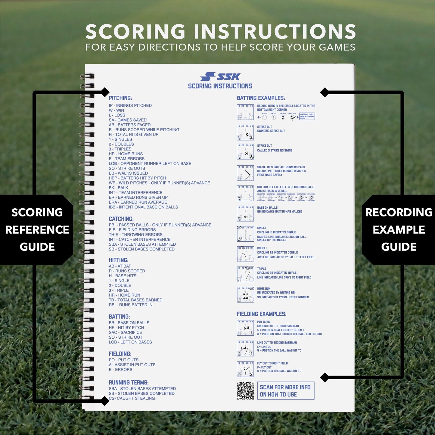 SSK 80 Game Official Scorebook Baseball + Softball – Premium Cover Score Keeping Book – 15 Player - Home + Away Team – 9.25”x12” (80 Games)