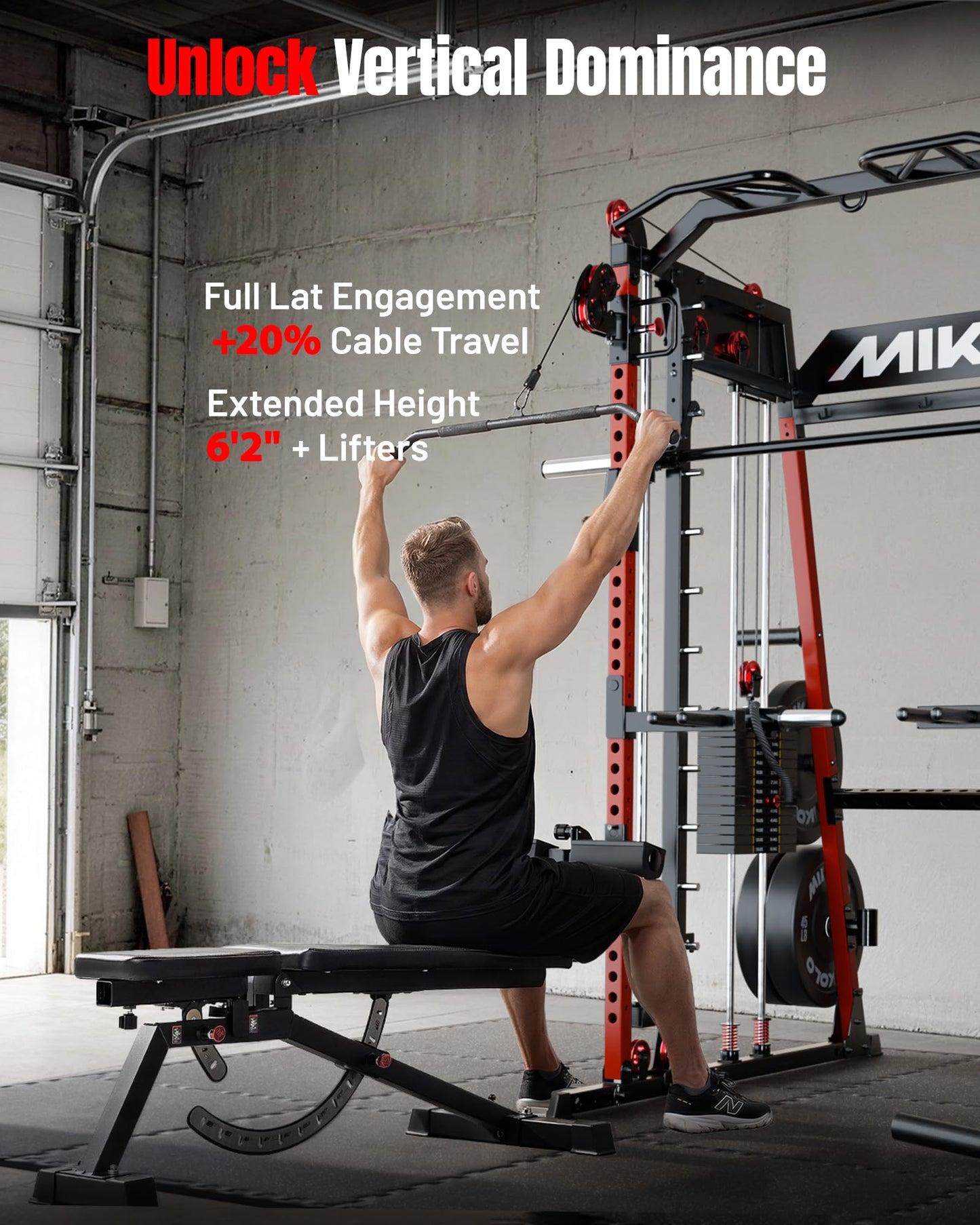 Mikolo M4 2.0 Elite Smith Machine with Weight Stack, All-in-One Home Gym Power Cage with LAT Pulldown & Cable Crossover, Squat Rack for Full Body Workouts (Red)