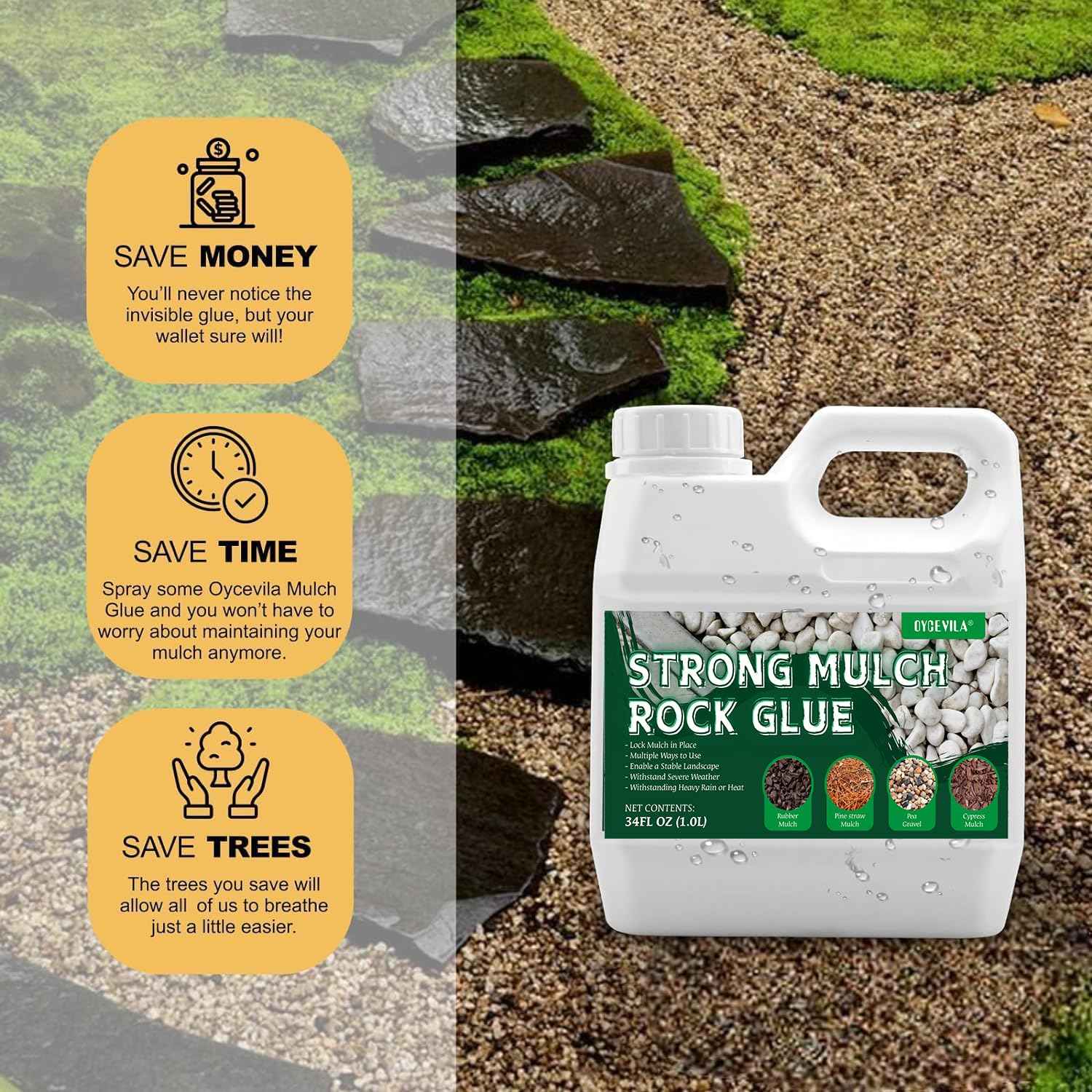 Strong Concentrate Rock Glue, Makes 42oz Weather-Resistant Mulch Glue for Indoor & Outdoor Use All Year Round, Max Clear Gravel Binder for Landscaping, Sticky Gravel Adhesive - Lockdown Rubber/Pebble