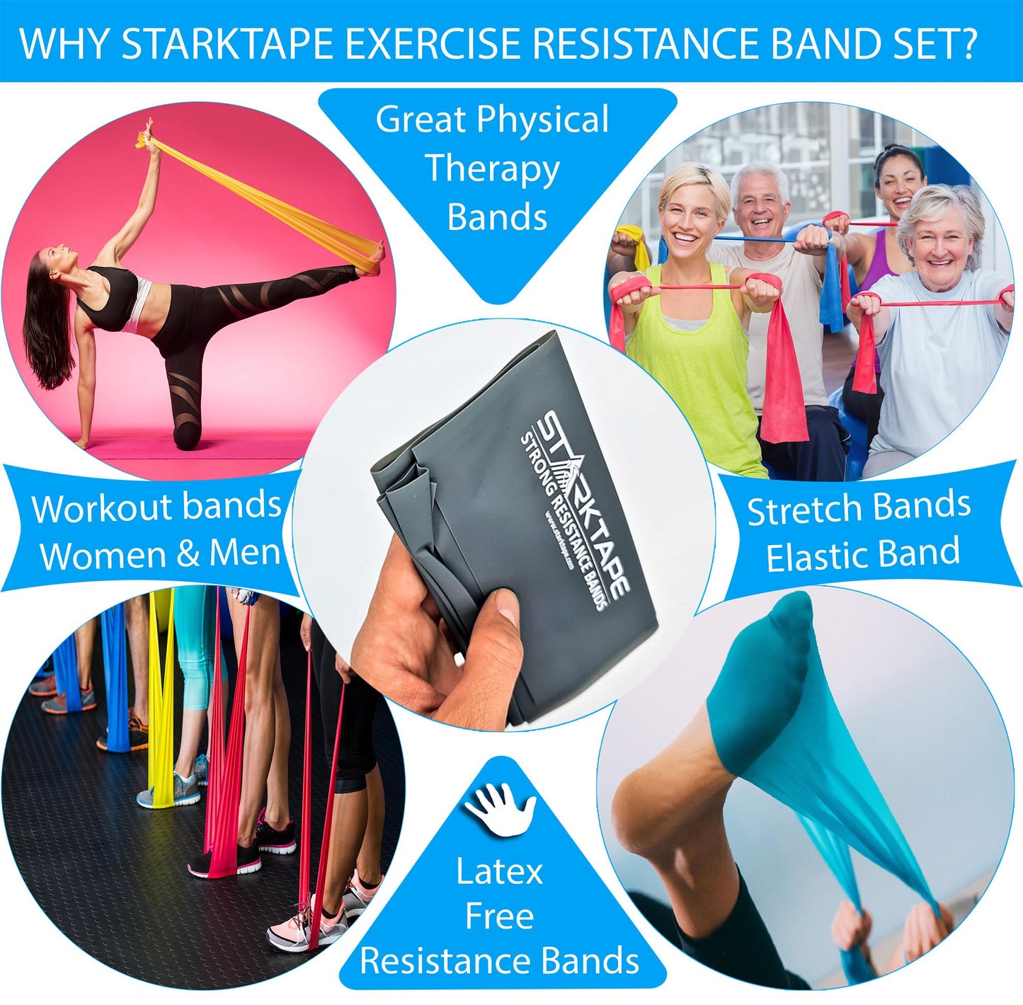 Starktape Resistance Bands Set 3 Pack Non-Latex Physical Therapy Professional Elastic Bands for Home Exercise, Workout, Strength Training, Yoga, Pilates, Rehab, Gym, Leg, Upper and Lower Body