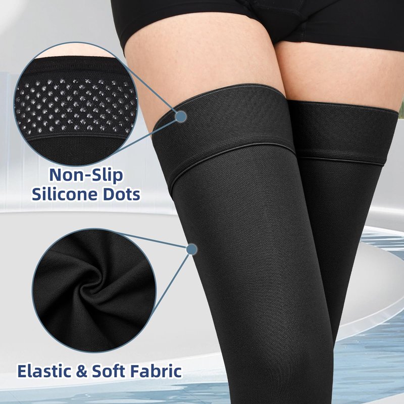 Wegitcs 20-30 mmHg Compression Stockings for Women & Men, Open Toe Thigh High Medical Compression Socks, Support Graduated Compression Hose Sock for Treatment Varicose Veins Swelling(Black, Large)