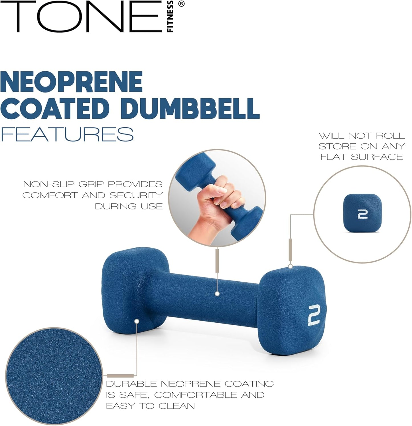 Tone Fitness Neoprene Dumbbell Weight Pairs - Anti-Roll Square Head | Various Sizes Available