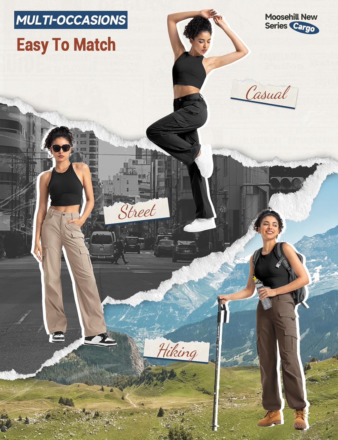 Moosehill Women's Cargo Hiking Pants - High-Waisted, Water-Resistant, Lightweight Stretch | Perfect for Outdoor & Casual Wear