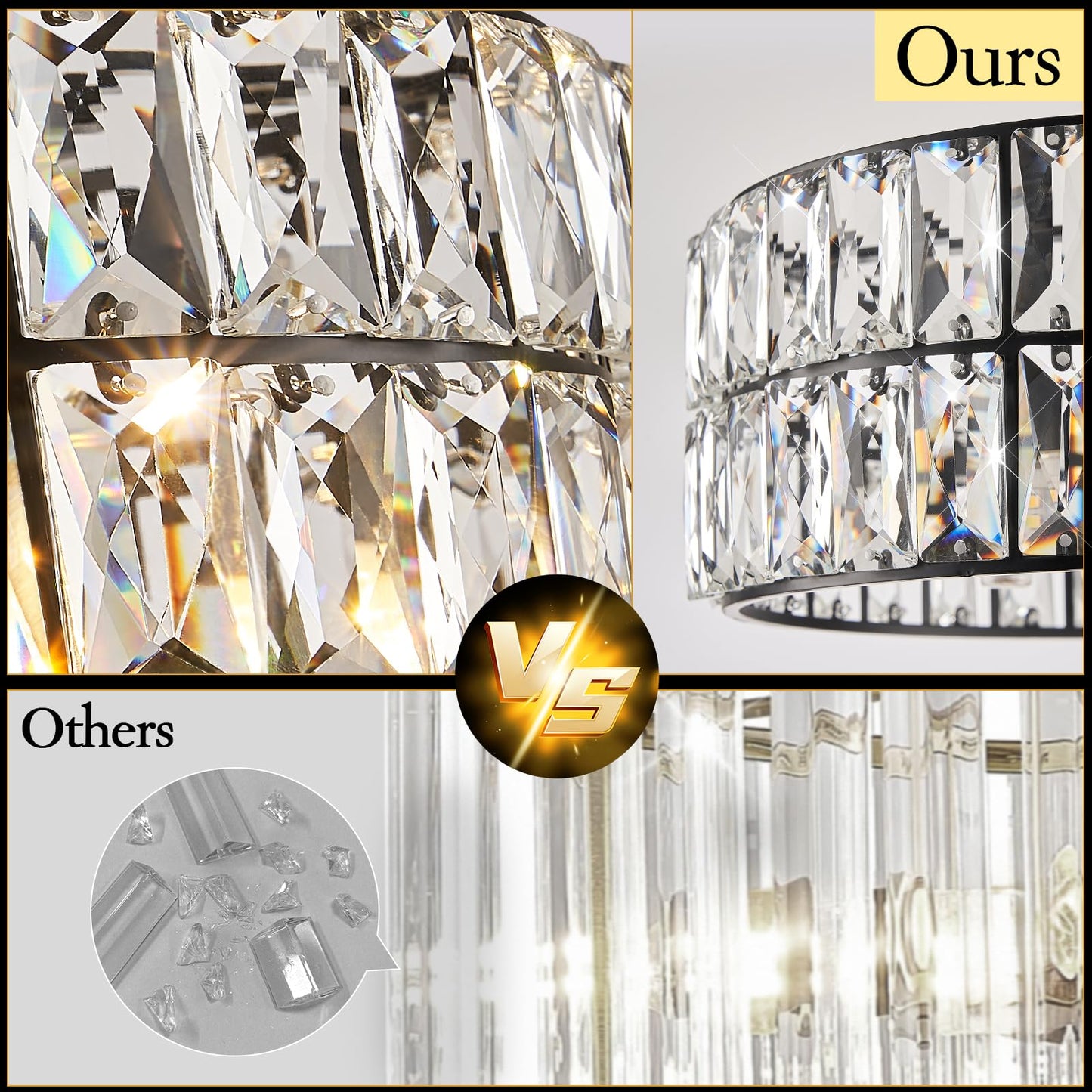 CATINER Crystal Pendant Light 4-Light Modern Black Chandelier Small 12” Crystal Semi Flush Mount Ceiling Light Round for Kitchen Island Foyer Hallway