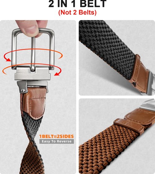 KEMISANT Reversible Braided Belt - Elastic Stretch Design for Men | 1 3/8" Width, Perfect for Golf & Casual Wear