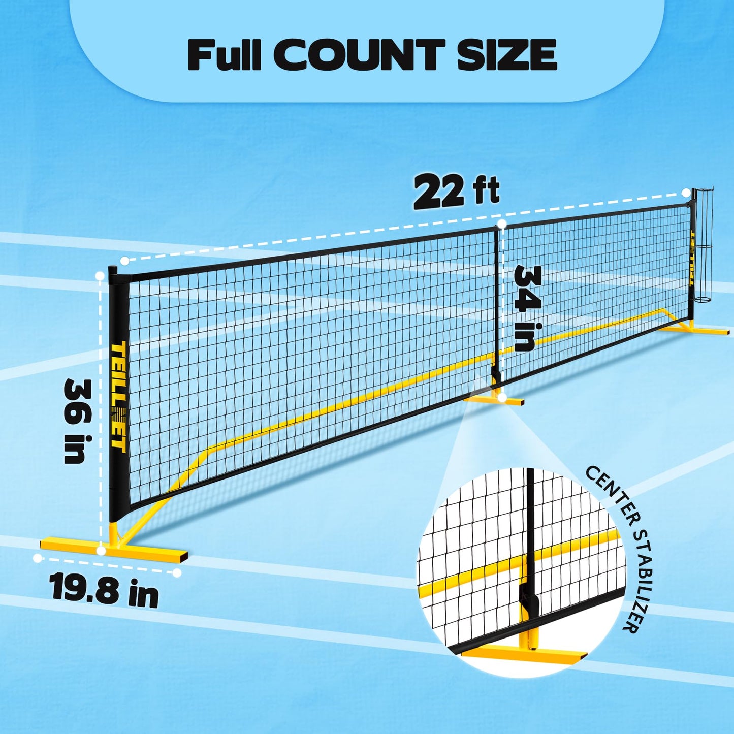 TEILLNET Pickleball Set with Net & Metal Ball Holder - Portable 22FT Regulation Size Net, 4 Wooden Paddles, 4 Balls and Carry Bag, Weather-Resistant Metal Frame, Perfect for Outdoor Indoor Driveway