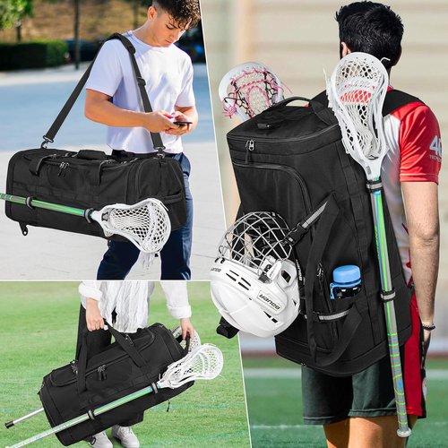 GOBUROS Lacrosse Bag - Holds 2 Sticks & Shoes | Versatile Backpack with Helmet Holder & Pockets - Black