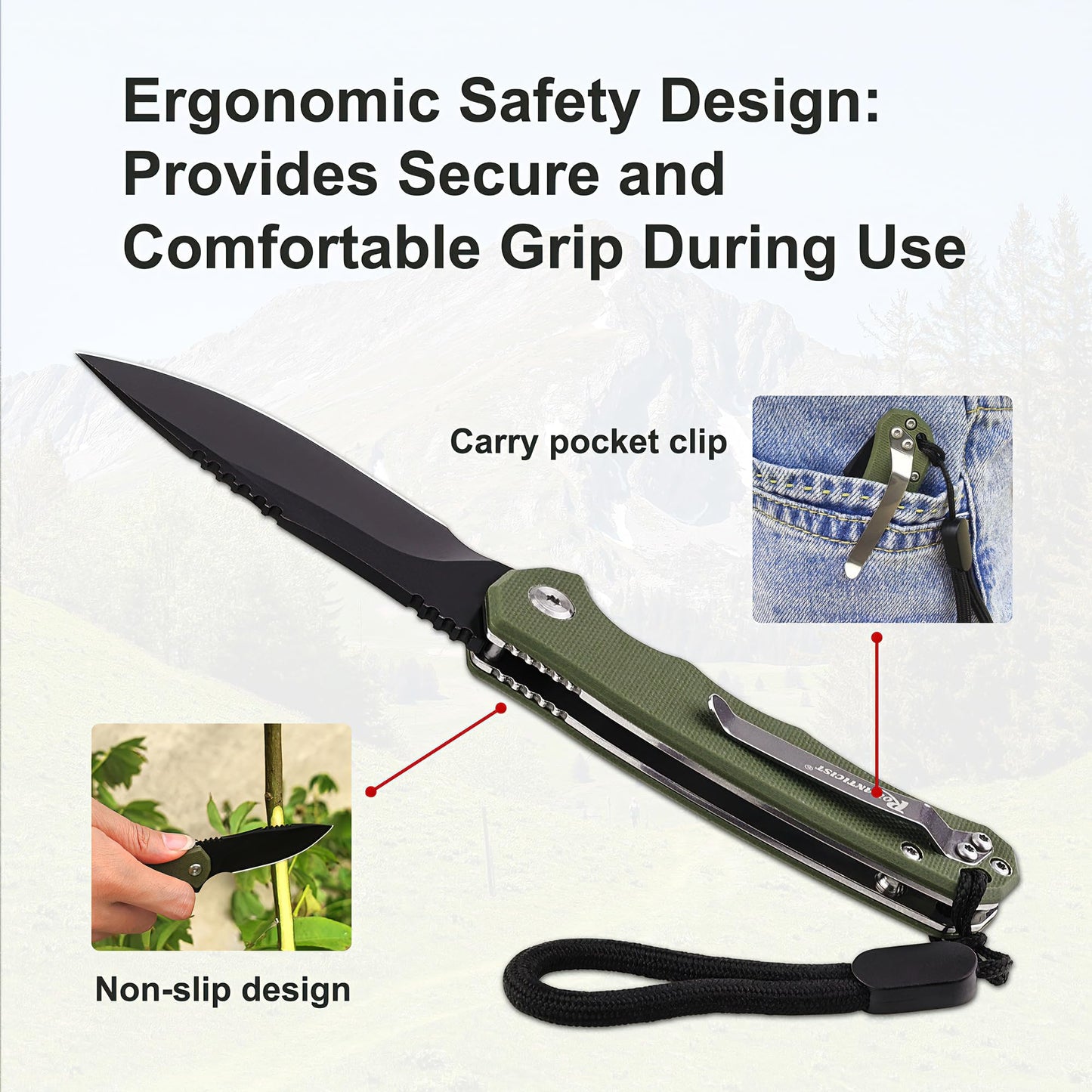 ROMANTICIST Folding Pocket Knife - 3.15" D2 Steel Blade & Non-Slip G10 Handle - Pocket Knife for Camping, Hiking and Outdoor Tasks - EDC Folding Knife with Clip & Lanyard - Unique Gifts for Men Women