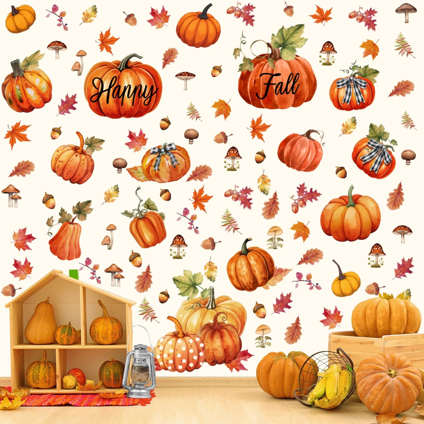 Eersida 6 Sheets 89 Pcs Fall Wall Stickers Oil Painting Pumpkin Wall Decals Maple Leaves Decals Stickers for Autumn Glass Thanksgiving Home Decor and Fall Decoration Kitchen Living Room