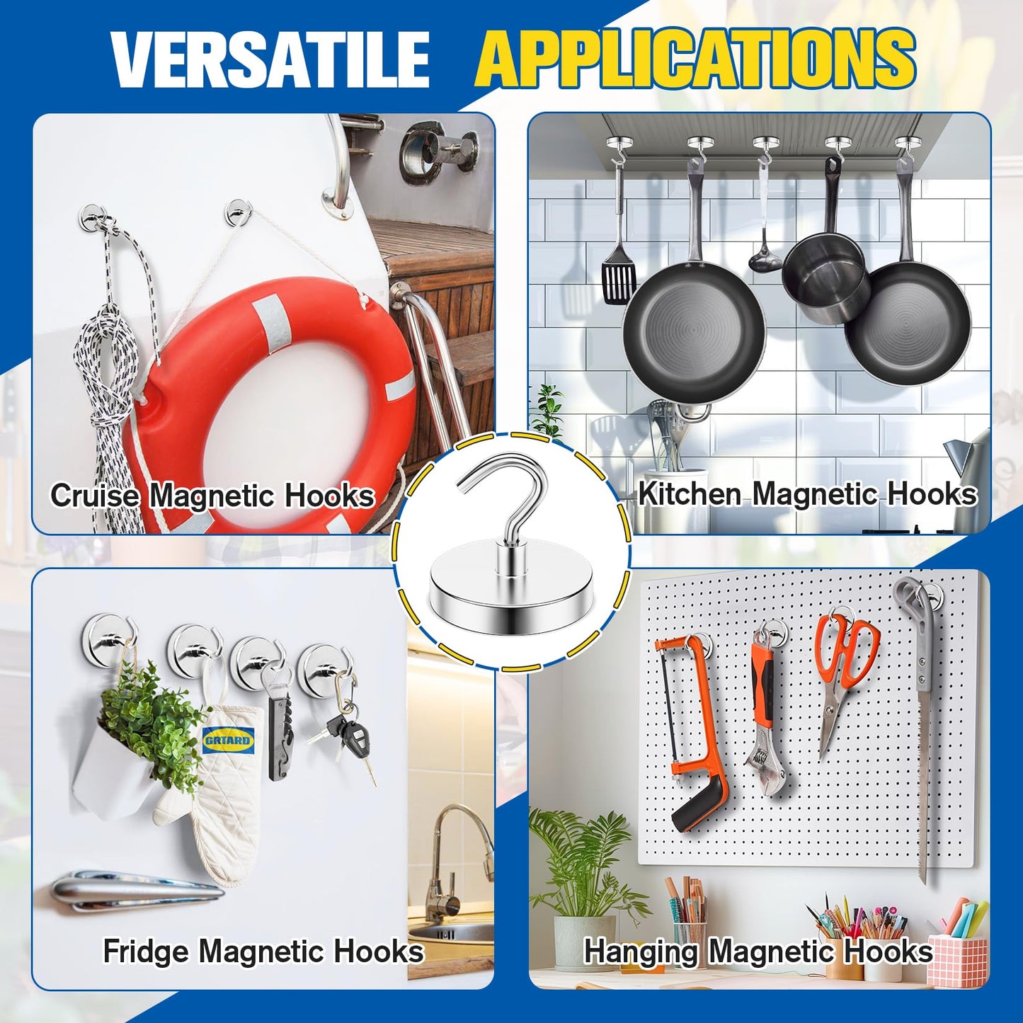 Grtard 110 lbs Magnetic Hooks Heavy Duty, 8 Pack Strong Magnet Hook for Cruise Cabins, Large Magnetic Hooks, Magnets with Hooks for Hanging, Cruise, Curtain, Home, Kitchen, Workplace(Silver)