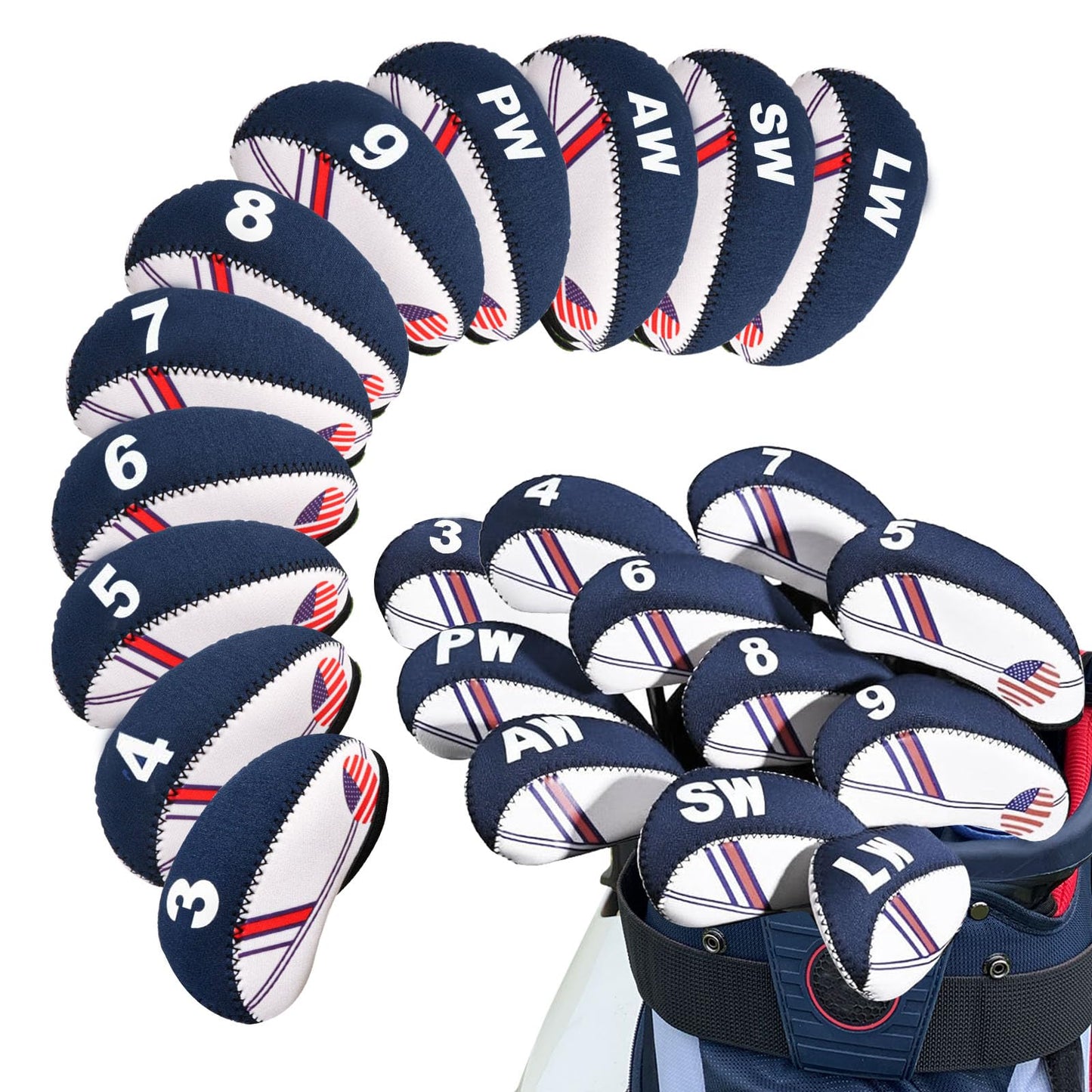 Amy Sport USA Flag Design Golf Iron Head Covers Value 11 Pack, Printed Numbers & Lightweight Wedge Iron Protective Neoprene Headcover, Universal Fit Main Irons Clubs (USA Flag)