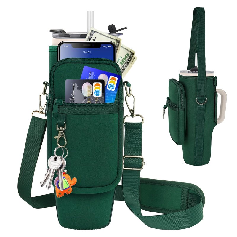 Water Bottle Carrier Bag with Phone Pocket Compatible with Stanley/Meoky 40 oz Tumbler with Handle,Water Bottle Holder Pouch with Adjustable Strap Compatible with Stanley Cup Accessories,Green