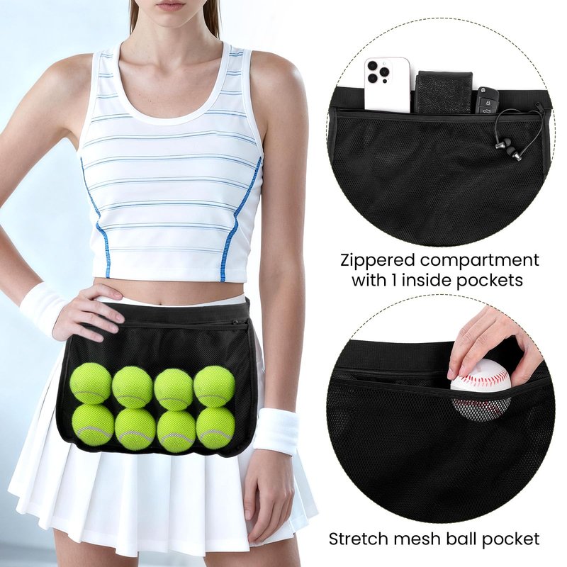 Alrhso Tennis Ball Waist Bag Tennis Ball Holder Waist Mesh Pickleball Bag Holder Carrier Adjustable Belt Holders for Pickleball with Waistband Clips for Training, Black