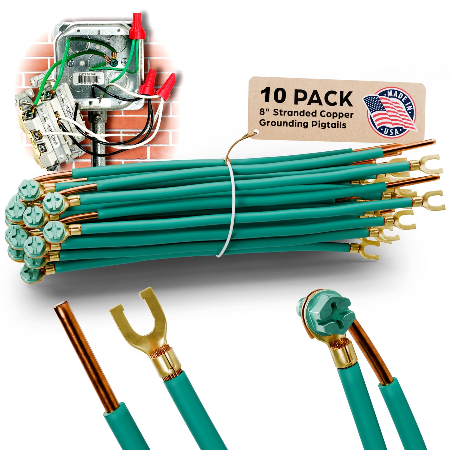 (10 Pack) 8" Pre-Stripped Electrical Grounding Wire with 10/32 Green Screw | 12 AWG Solid Copper Pigtail Bonding Jumper | Single-Gang Ground Connector for Metal Electrical Boxes | Contractor Bulk Pack