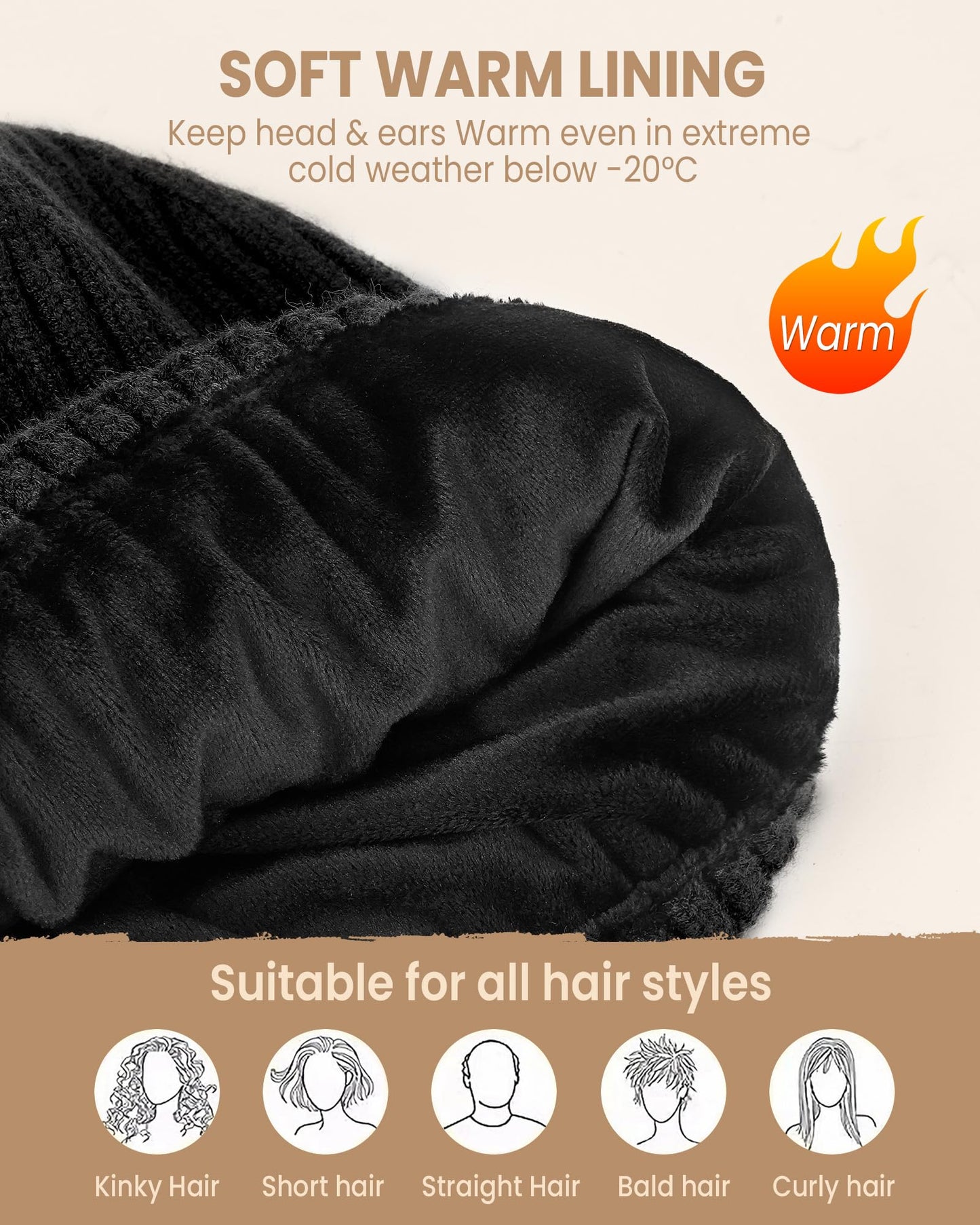 YANIKY Winter Beanie Hat for Men & Women, Fleece Lined Thermal Knit Hat Ski Beanie Skull Cap Cuffed Cap for Cold Weather Black