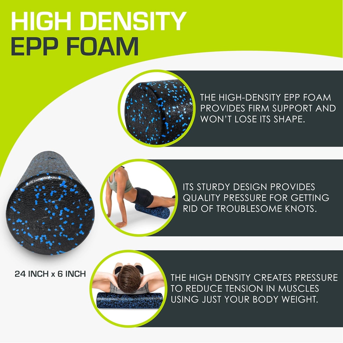 ProsourceFit Foam Roller - 24-Inch High Density Massage Tool for Back Stretching & Muscle Recovery | Black/Blue