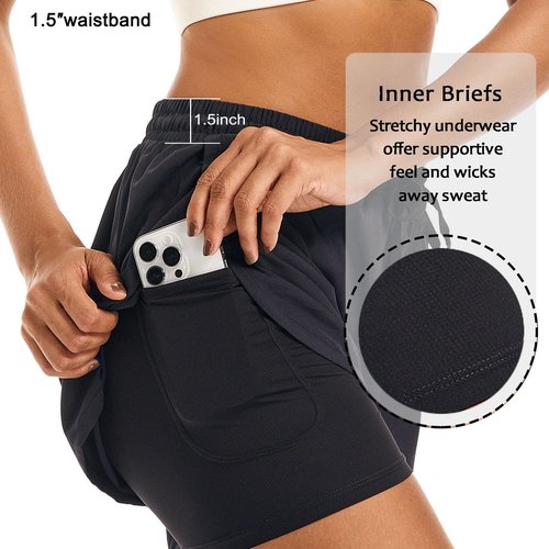 APWKL Women's 2 in 1 Athletic Running Shorts Quick Dry Workout Casual Gym Sweat Shorts Mesh Comfy Liner Zipper Pockets(Black,3XL)