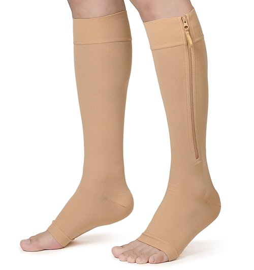 KEKING® Zipper Compression Socks for Men Women, Open Toe, 20-30mmHg Firm Support Knee High Zipper Compression Stockings for Wide Calf - Varicose Veins, DVT, Shin Splints, Edema, Nursing, Beige M
