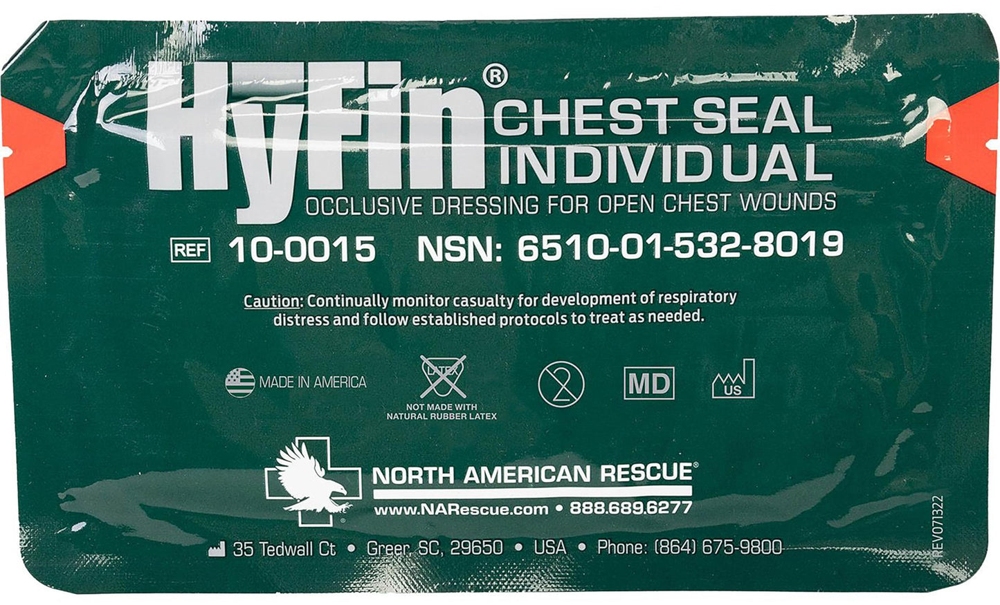North American Rescue HyFin Chest Seal Occlusive (Single Pack) NAR Individual Compact Dressing for Open Chest Wounds, Trauma (10-0015)