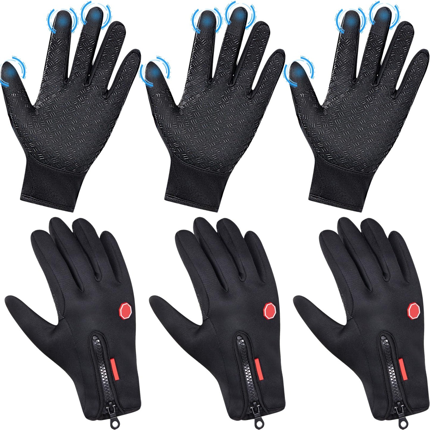 Zhanmai 3 Pairs 3/6 Pairs Outdoor Winter Touchscreen Gloves Windproof Waterproof Thermal Gloves for Running Hiking for Men Women (Medium,Black)
