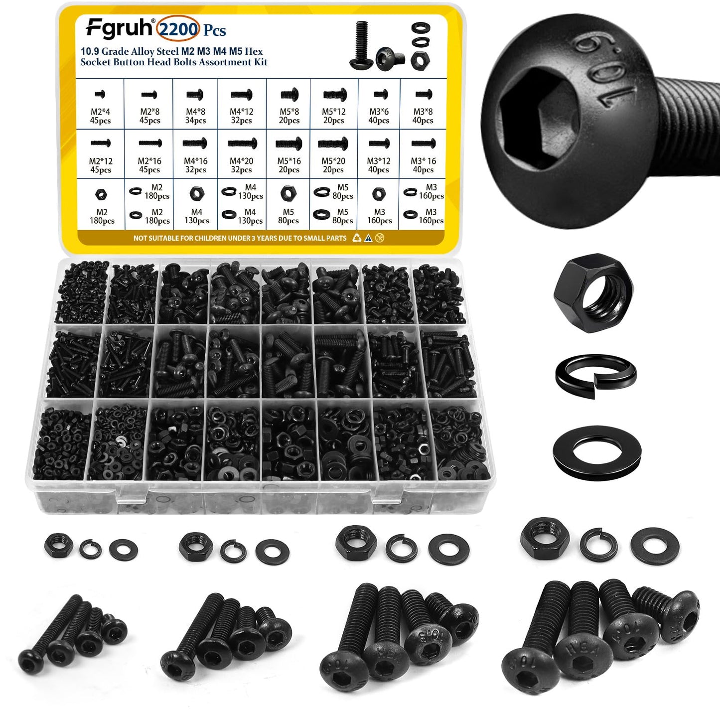 Fgruh 2200PCS M2 M3 M4 M5 Metric Screws Assortment Kit, Hex Socket Button Head Assorted kit, Machine Screw Set with Nuts & Washers,10.9 Alloy Steel Black Zinc Plated for 3D Printing