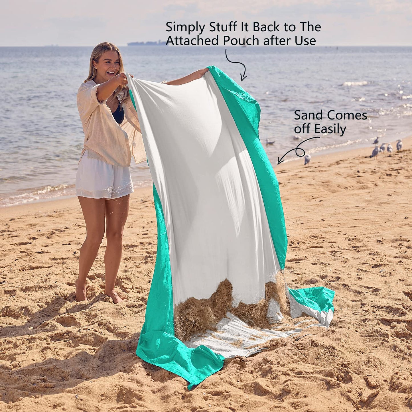 WEKAPO Beach Blanket Sandproof Waterproof, Extra Large Beach Mat, Oversized & Compact Sand Free, Quick Drying Beach Essentials for Vacation, Cruise, Picnic & Camping with Stakes (Turquoise, 9x7 FT)