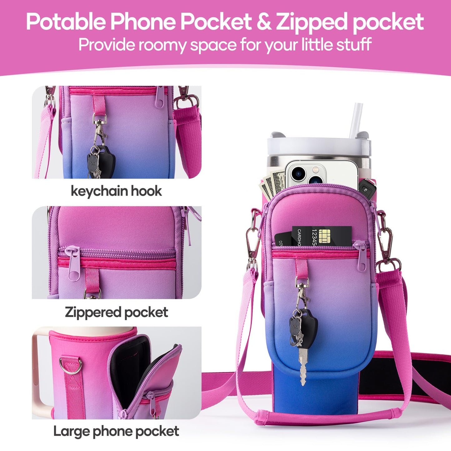 linmaya Water Bottle Carrier Bag for Stanley Cup 40/30oz with Phone Holder Pockets,Neoprene Water Bottle Cross-body Bag with Adjustable Shoulder & Hand Strap Stanley Cup Accessories