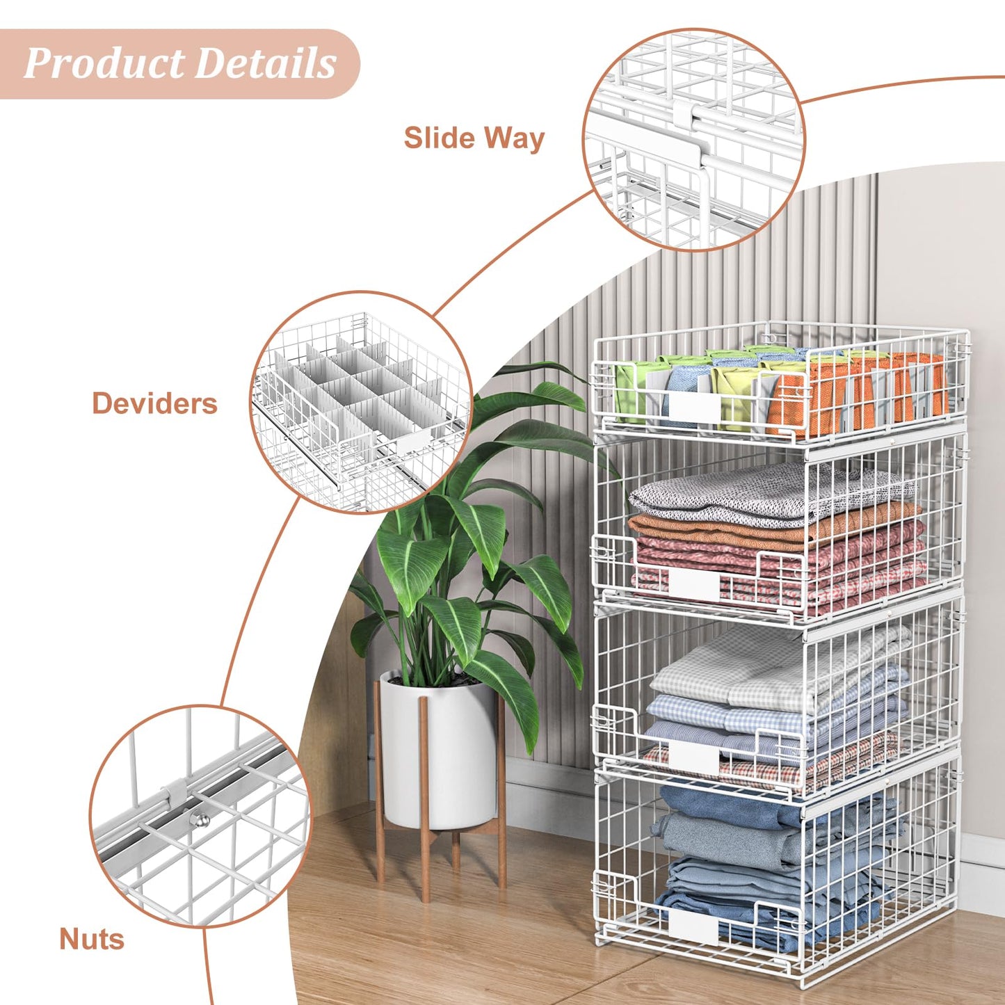 4 Pack Sliding Closet Organizers and Storage, Stackable Closet Storage Shelves, Pull Out Clothes Storage Organizer Baskets/Containers/Drawers with Dividers for Wardrobe (White-Sturdy Wire Metal Frame)