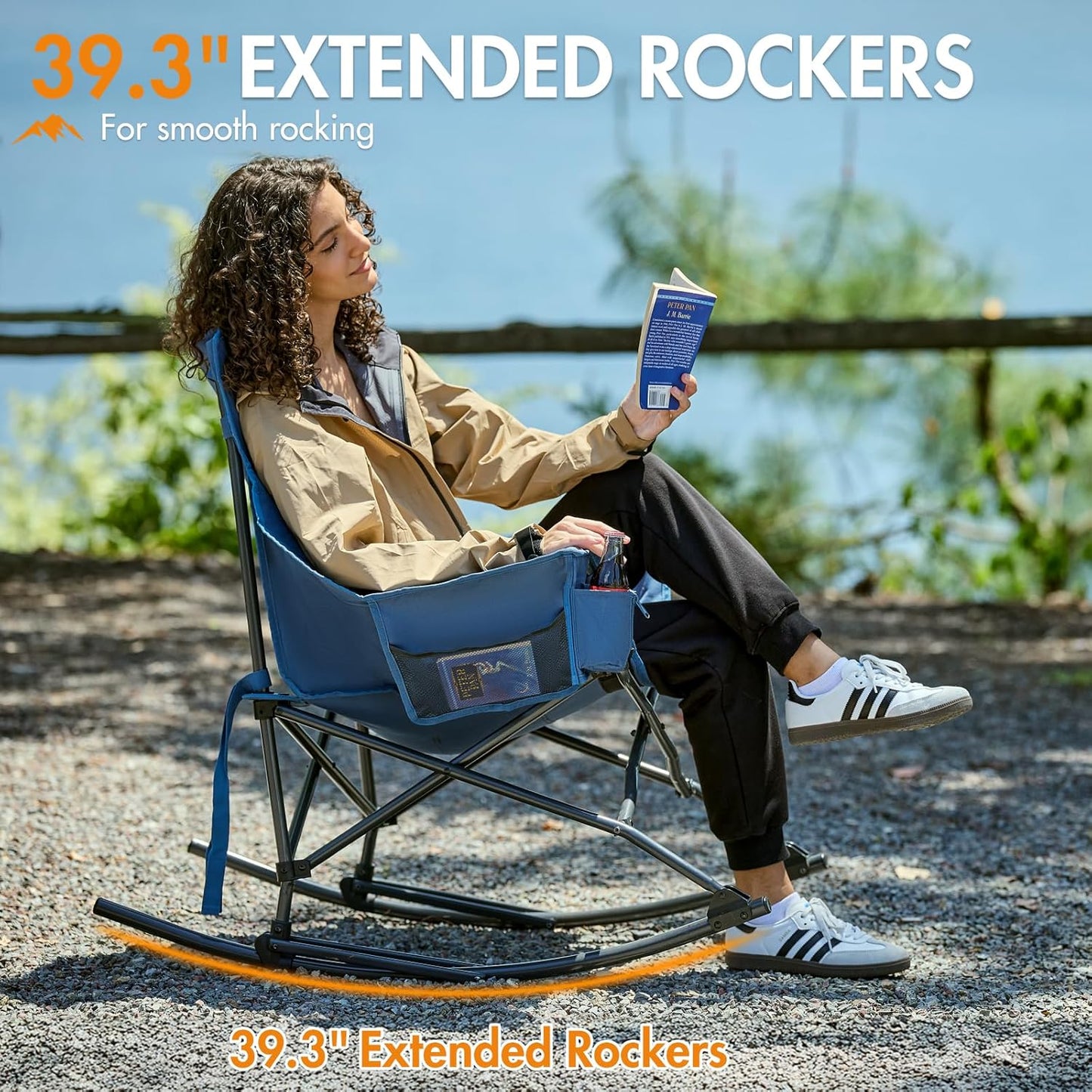 Portal Outdoor Rocking Chair - Portable Camping Rocker with Cup Holder & Side Pocket | Supports 350LBS, Blue