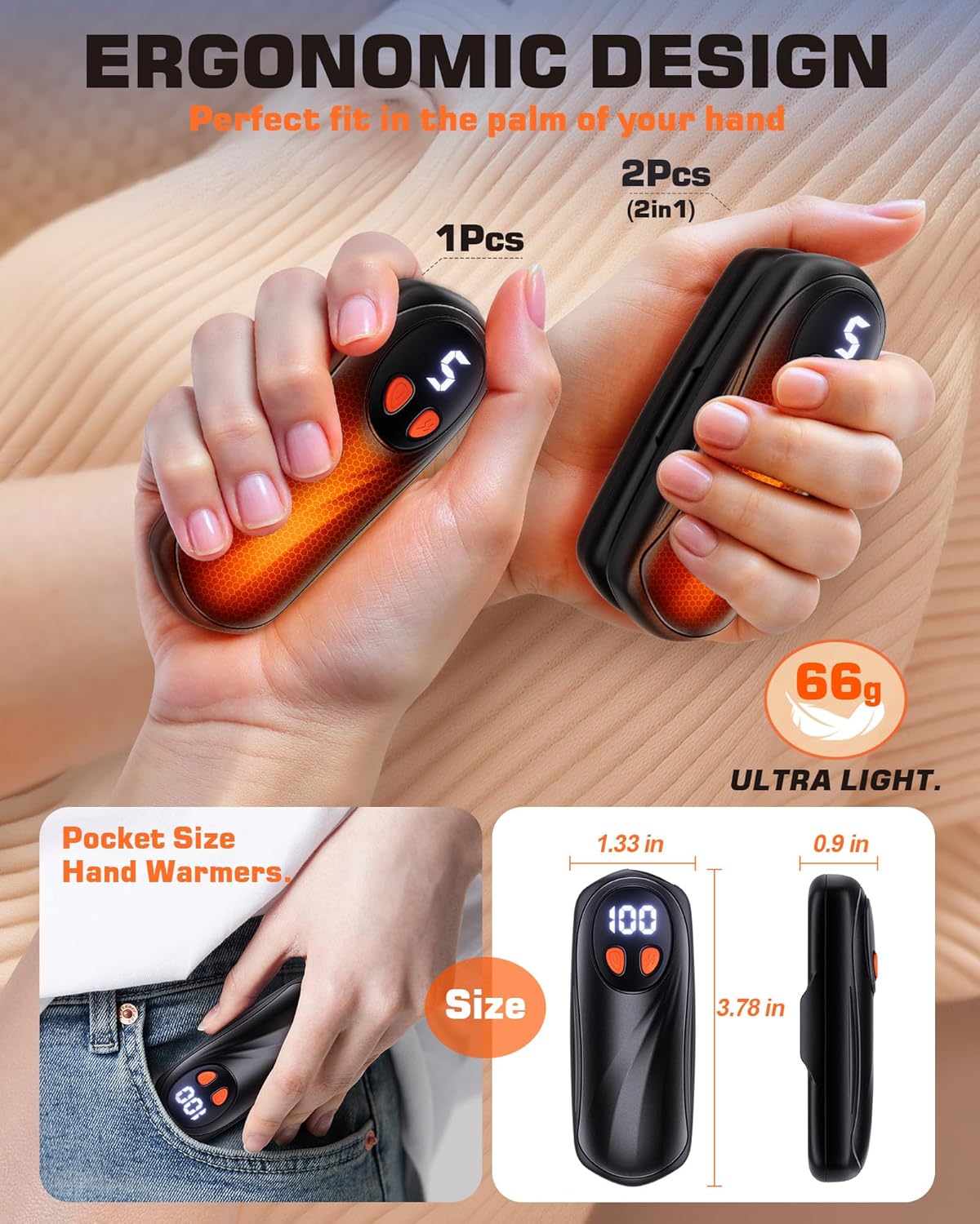 Skiennix Rechargeable Hand Warmers - 6000mAh Electric Heat, 2 Pack, Sleek Silver Design