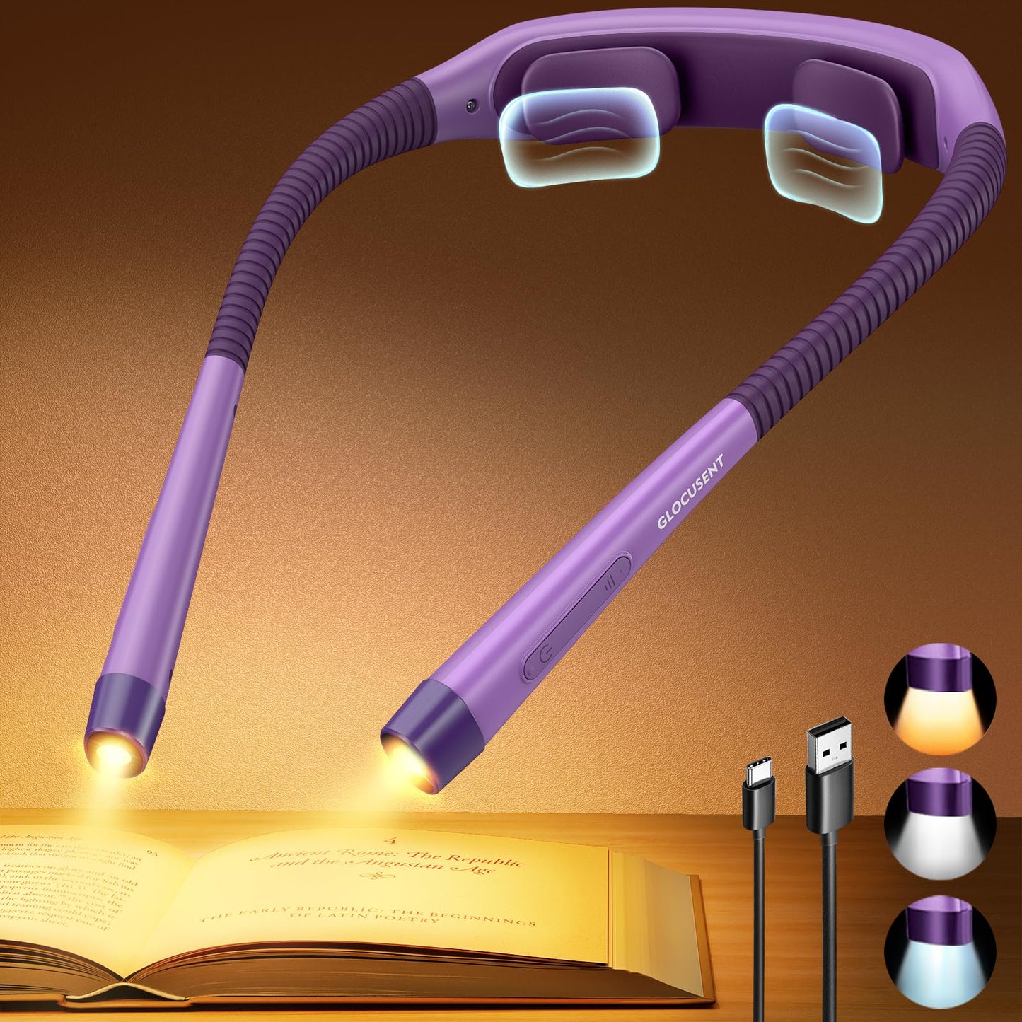 Glocusent Ergonomic Reading Light, 1600mAh Rechargeable Book Light for 100 Hrs - 3 Colors & 5 Brightness, Neck Light with Timers, Sleep Aid & Travel Lock, Perfect for Reading, Knitting & Craft