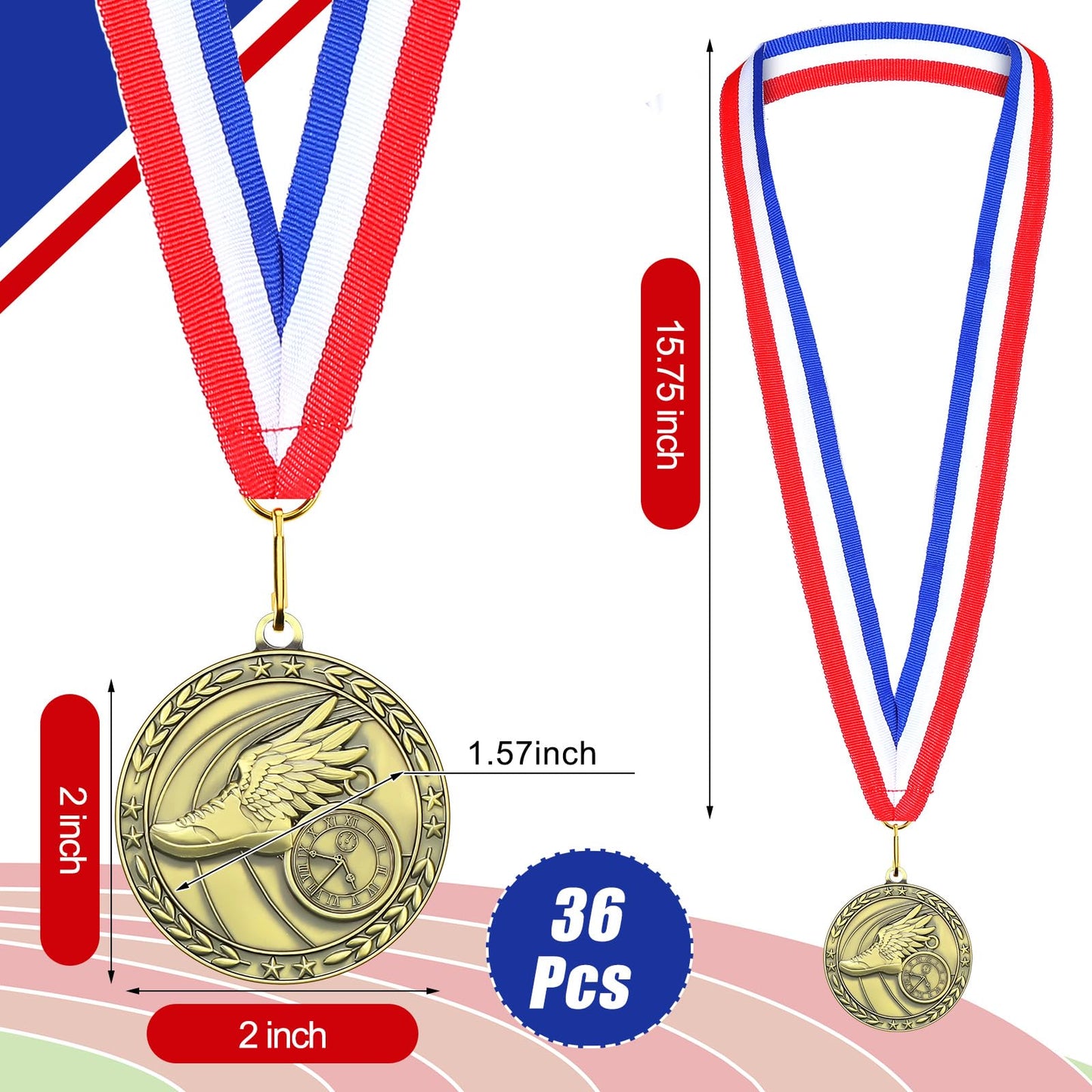 Equsion 36 Pcs 2'' Gold Medals Bulk Volleyball Football Basketball Soccer Baseball Archery Dink Ball Cheer Track Bowling Awards Medals with Ribbons for Sports Participation Winner Gift(Track)