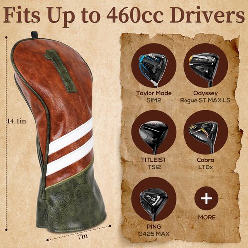 Craftsman Golf Club Driver Head Cover Classic Brown Driver Headcover Golf Club Headcovers Fits Up to 460CC Club Heads 3 Pieces Premuim PU Leather