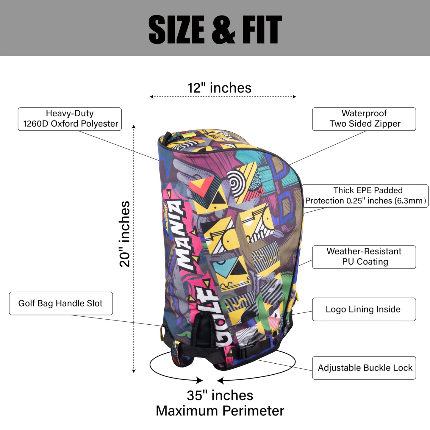 SANDIAN, Mania Design, Golf Bag Rain Hood Cover, Waterproof 1260D Oxford Polyester, 12x20 Inches, Padded Protection, PU Coated, Two Sided Zipper, Adjustable Buckle Lock Fasteners, Snap Button Locking