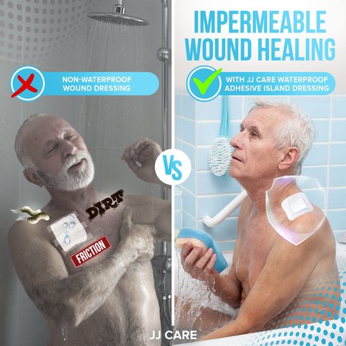 JJ CARE Waterproof Adhesive Island Dressing [Pack of 25], 6” x 6” Sterile Bordered Gauze, Breathable Island Wound Dressing, Individually Wrapped Adhesive Gauze Bandages with Non-Stick Central Pad