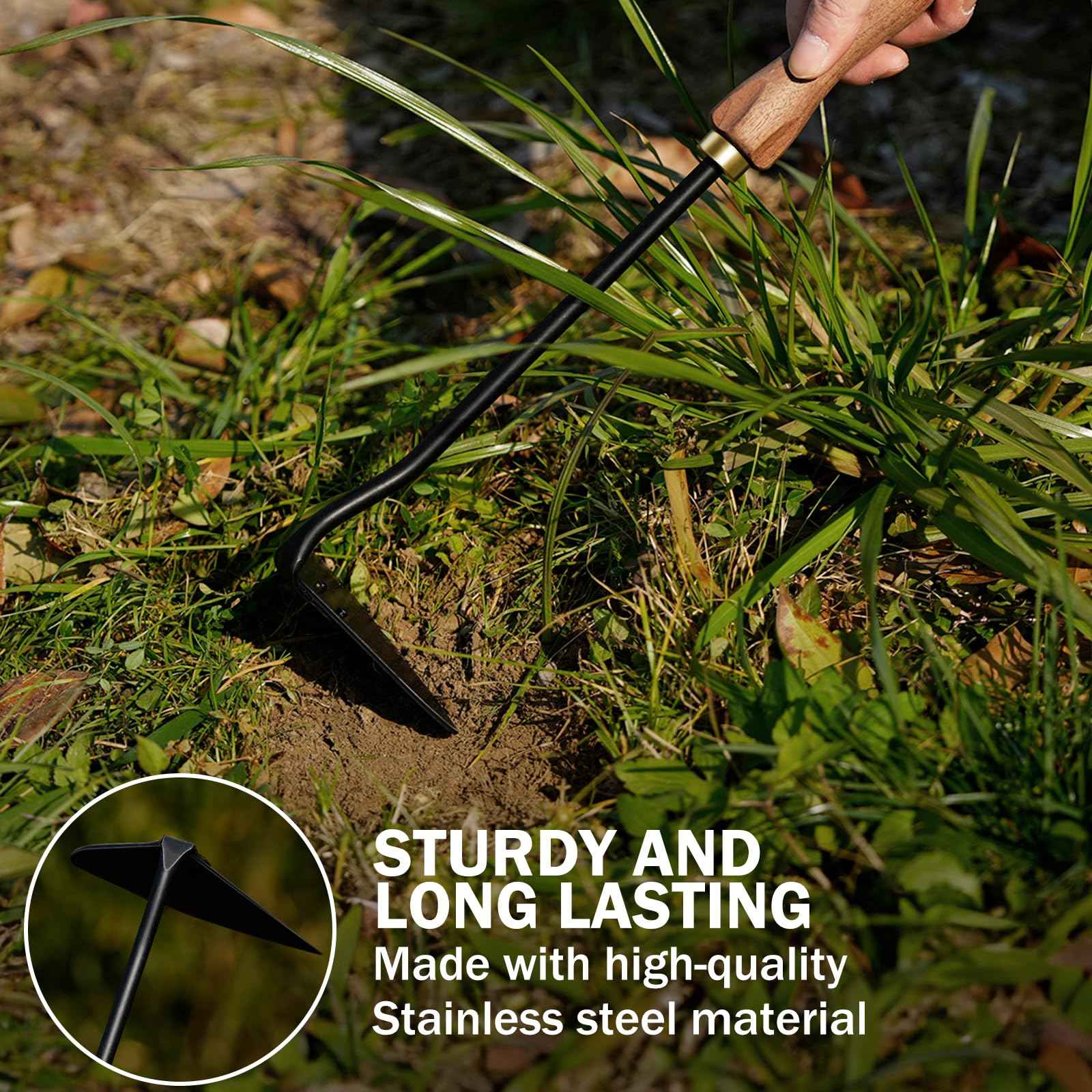 ROYTOA Triangle Hand Hoe, Heavy Duty Stainless Steel Weed Puller and Weed Remover Gardening Tool with Walnut Handle for Weeding, Soil Loosening and Cultivating