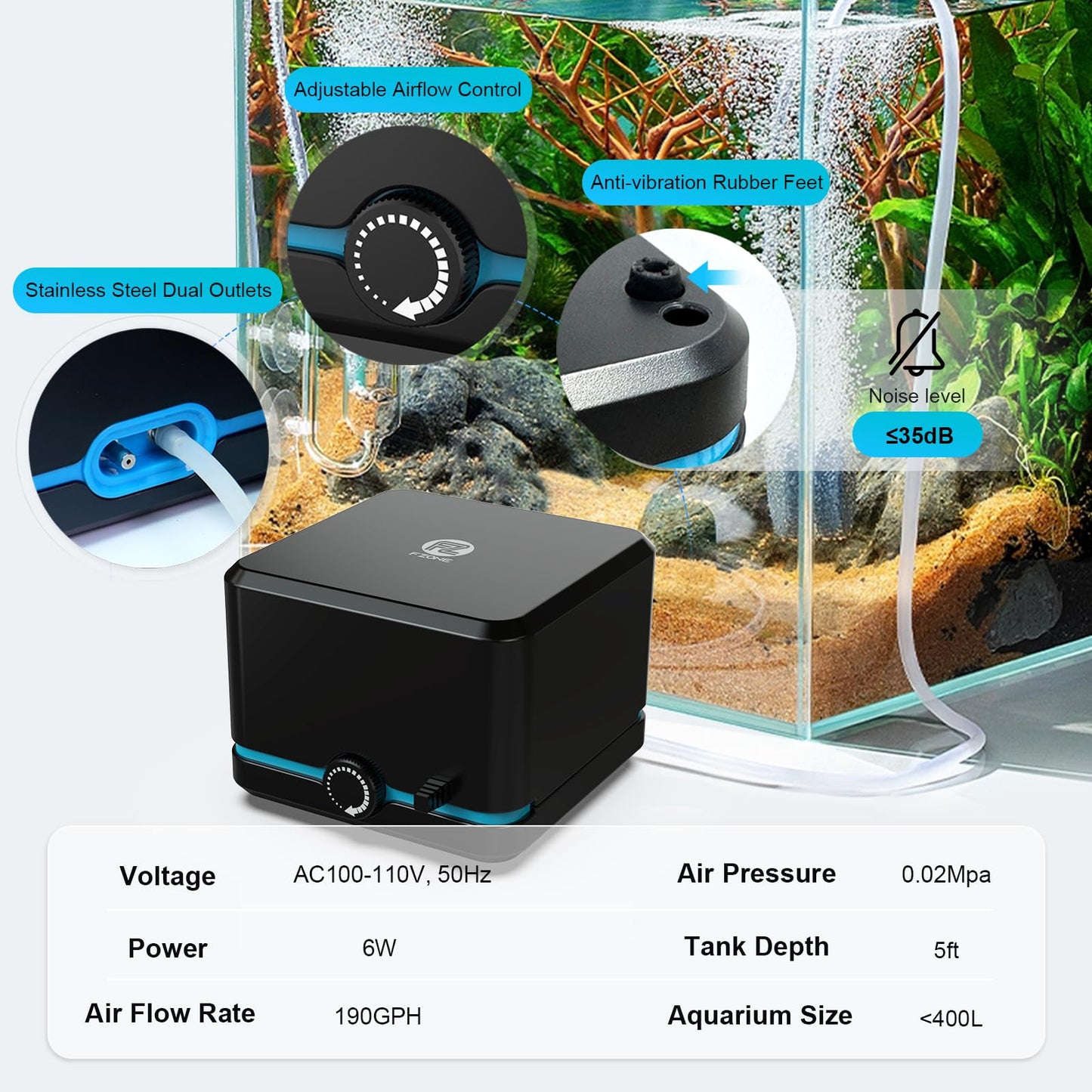 FZONE Aquarium Air Pump, Ultra Quiet Fish Tank Aerator Pump with Stainless Steel Dual Outlets, Adjustable Powerful Oxygen Pump with Air Stones for Freshwater and Saltwater Aquariums