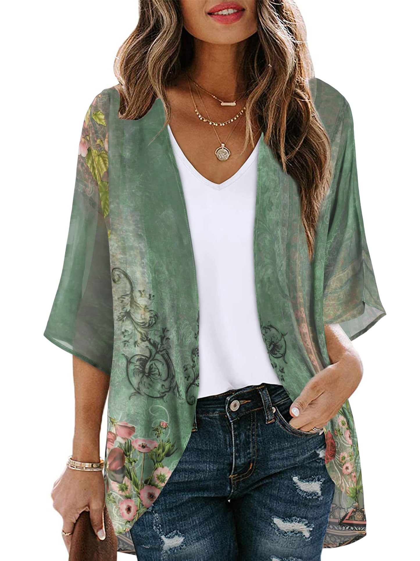 Women's Floral Print Puff Sleeve Kimono Cardigan Loose Cover Up Casual Blouse Tops(Army Green Floral,M)